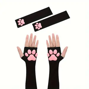 1 Pair Cute Cat Paw Mittens - Soft 3D Toe Beans Fingerless Cat Claw Paws, Kawaii Black & Pink Design for Cosplay, Parties, and Summer Sleeve Decorations, Party Accessories, Playful Design, Flexible Material