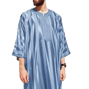2025Loose casual Middle Eastern Muslim style men's seven-quarter sleeve robe Arab casual men's robe Thobe Formal Maxi Satin