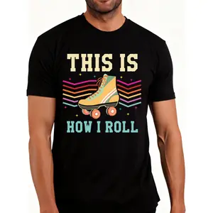 Retro Style Men's T-Shirt Roller Skate Design with Colorful Stripes And Text This Is How I Roll Summer Casual Wear for Roller Skating Enthusiasts And Fun Loving Gifts for Friends And Family