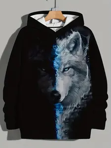 Men's Hooded Sweatshirt with Wolf Print, Fall & Winter Casual Fashion, Long Sleeve Fitted Top, Sporty Style Gift Idea, Graphic Print Hoodie