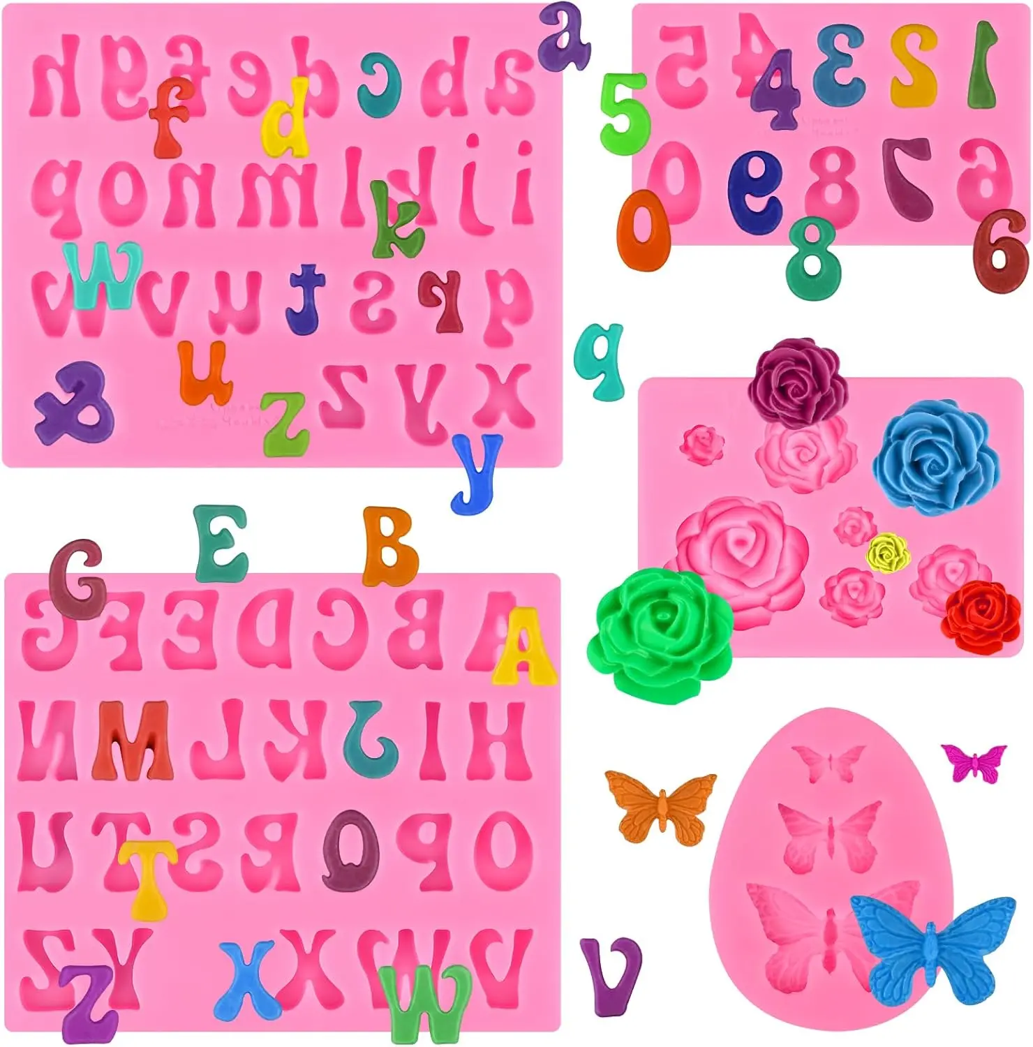 5 Pack Letter Silicone Molds for Chocolate, Uppercase Lowercase Alphabet Chocolate Molds and Number Flower Butterfly Fondant Molds for Making Strawberries, Candy, Cake Decorations
