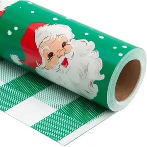 Reversible Green Christmas Wrapping Paper for Men Women - Xmas Santa & Bufflao Plaid   Wrap for Holiday Birthday, Party,  Shower (Green Buffallo Paid & Santa - 1, 17 In X 16.5 Ft)