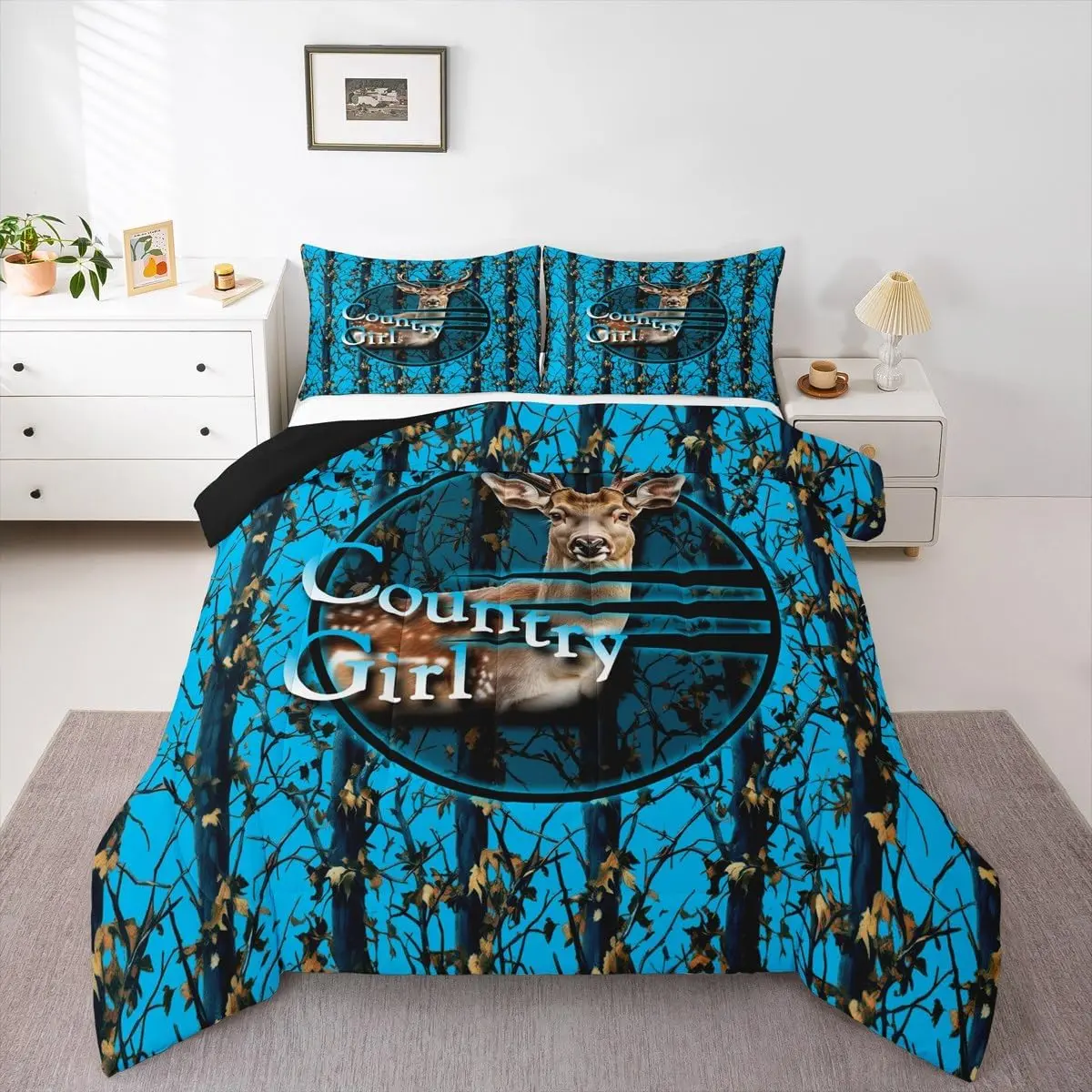 Feelyou Deer Hunting Camo Bedroom Bedding Set - Blue Camouflage Soft, Breathable, Decorative Duvet Set for Rustic Lodge Cabin, Breathable Duvet Set