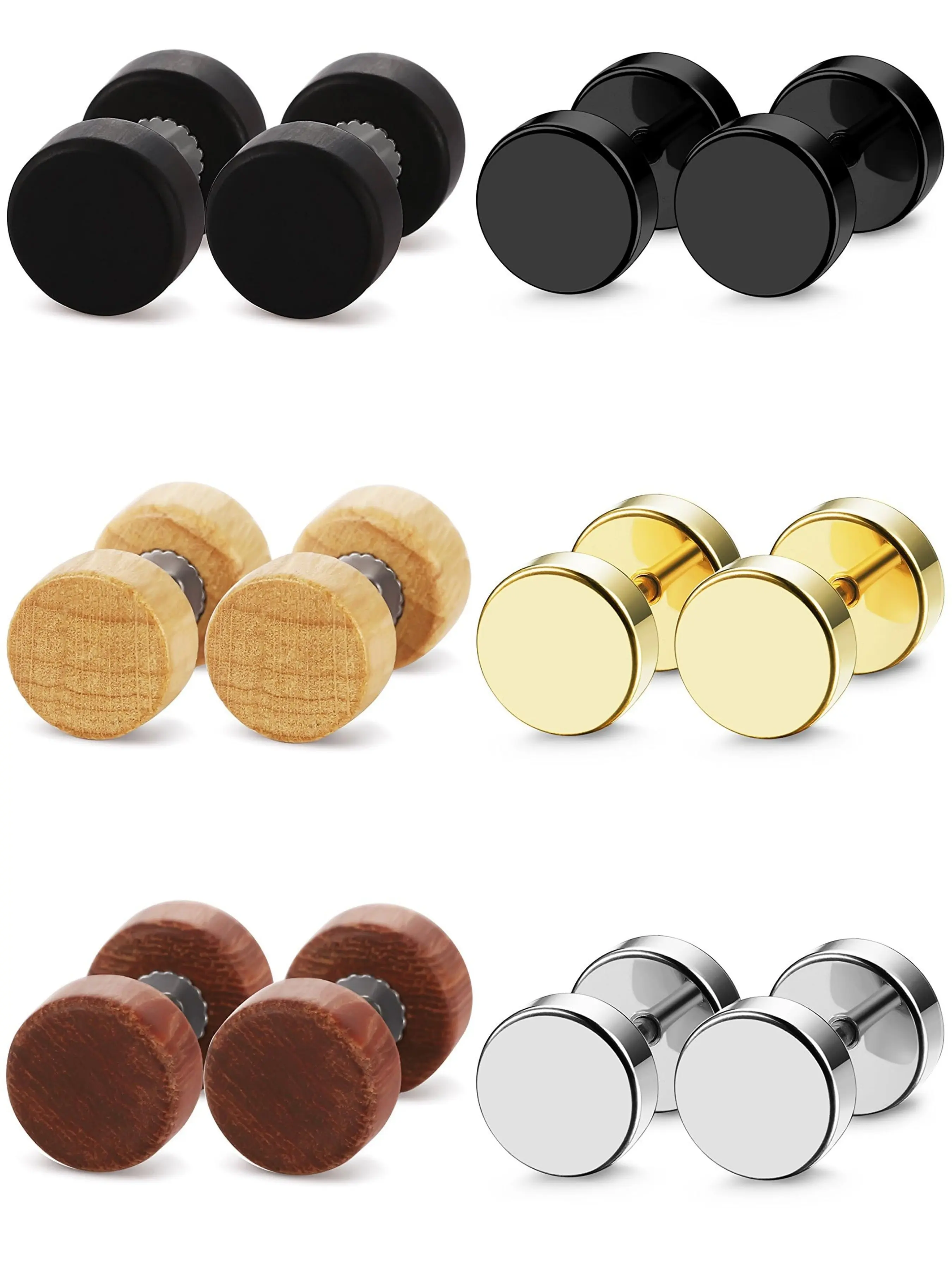 6 Pairs Round Stud Earrings for Men & Women, Versatile Earrings, Flat Back Ear Piercing Ear Plugs, Tunnel Fake Gauge Earrings, 18g 6mm 8mm 10mm 12mm Jewellery