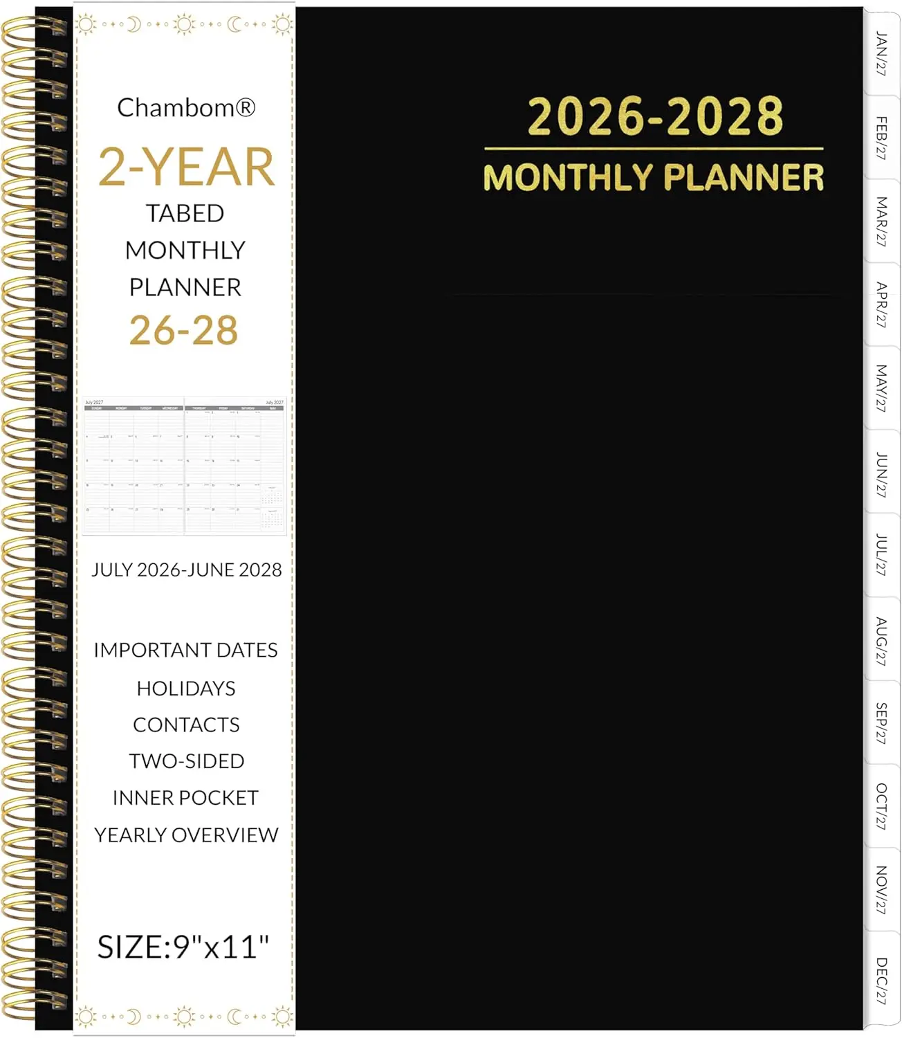 2026-2028 Monthly Planner 2 Year Monthly Planner/Calendar 2026-2028, 24 Months Calendar Planner Jul 2026 – Jun 2028, 9" x 11", Holidays, Tabs, Double-Side Pocket, Thick Paper - Black