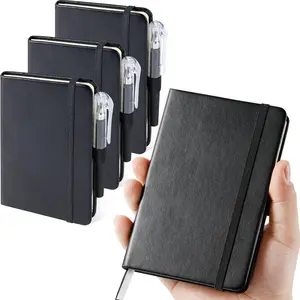 (3 Pack) Pocket Notebook Journal, Hardcover Small Mini Notebooks with Pens for Work, 3.7" x 5.7" A6 College Ruled Notebook with 100Gsm Premium Thick Lined Paper, Black Leather