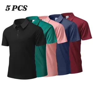 Men’s 5-piece multicolor short-sleeve polo shirt set with a classic collar and button design—casual everyday tops