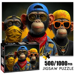 1pc 1000 piece adult puzzle 70x50cm Fashionable Monkeys with Bandanas, Hats and Sunglasses 500 pieces of paper jigsaw puzzle, suitable for adults and families, large-scale DIY puzzle interactive toy