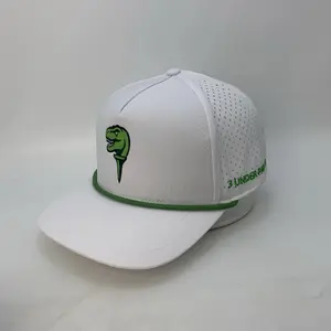 3 Under Par Co "Tee Rex" Edition Golf Hat White with Perforated Design and Green Trim for Optimal Comfort