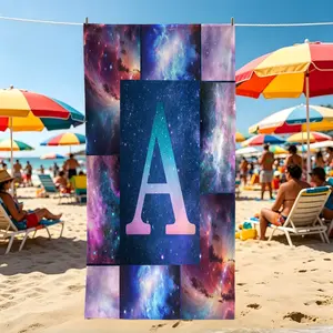 Personalized Starry Sky Letter Beach Towel, Deep Galaxy Gradient Initial Design. Soft Breathable Fabric. Multi-Use for Gym, Spa, Camping & Daily Leisure.