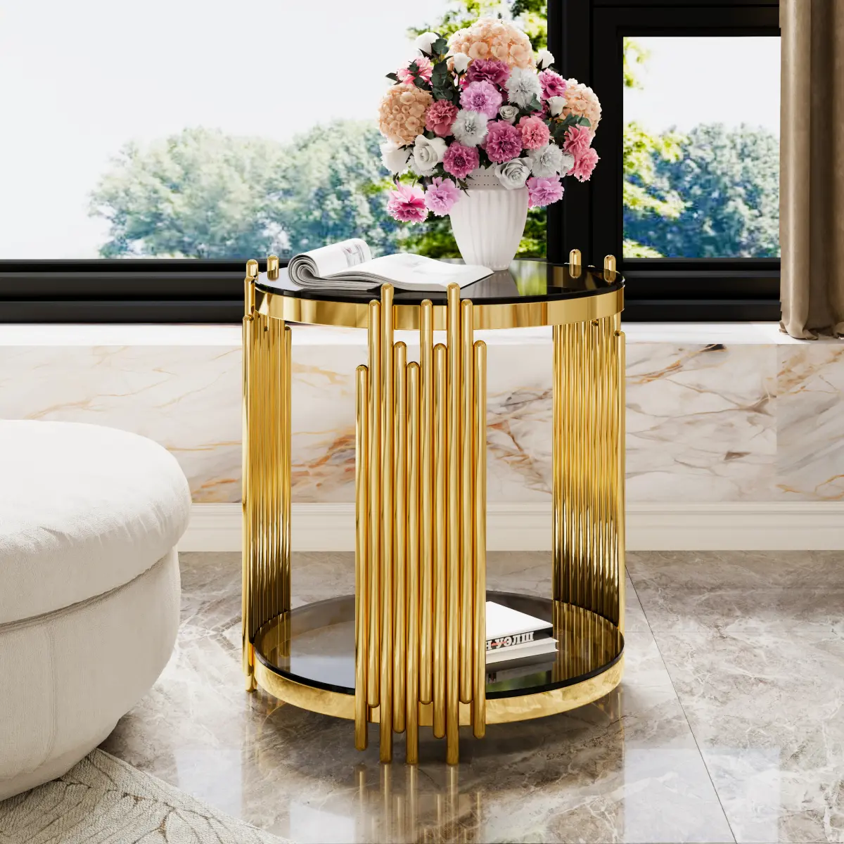 19.8 in Round Tempered Glass End Table with Mirror Top, 2-Tier Metal Drum Base & Storage, Modern Small Space Accent Piece for Living Room, Bedroom
