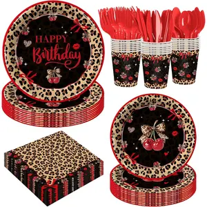 168Pcs Red Cheetah Print Birthday Party Decorations Cheetah & Cherry Party Supplies Include Plates Napkins Cups and Cutlery Leopard Birthday Decorations for Girls Women Serve 24