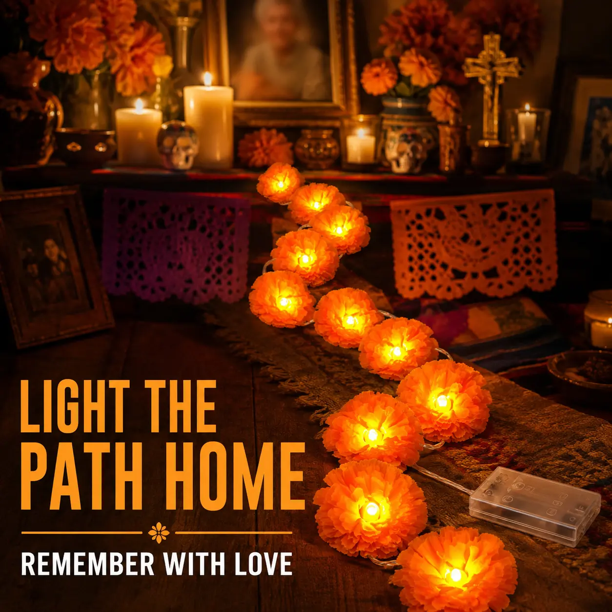 Día de los Muertos Marigold String Lights, 20 LED Orange Flower Garland, Ofrenda Altar Memorial Decor, Day of the Dead Decorations