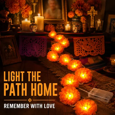 Día de los Muertos Marigold String Lights, 20 LED Orange Flower Garland, Ofrenda Altar Memorial Decor, Day of the Dead Decorations