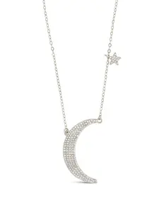 Sterling Silver CZ Crescent & Star Charm Necklace