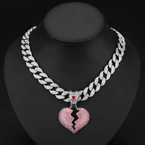 Iced Cuban Link Chain with Pink Broken Heart Pendant, Hip Hop Bling Necklace for Men Women