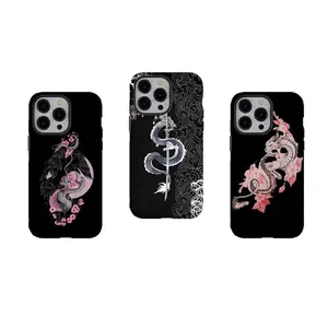 [No magnetic]  Y2K Dark Chinoiserie Dragon Snake Phone Case,Dragon Snake Cherry Blossom Print Dual-Layer design phone Cover,for iPhone 17 16 15 14 13 12 11 8 7 for Samsung Series,Shockproof Protective hard Cover,perfect gift for her