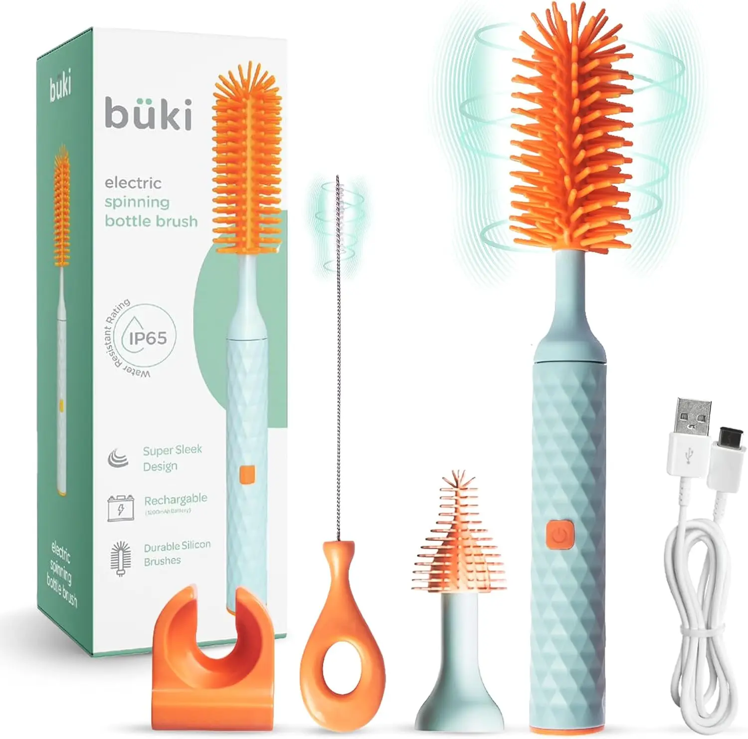 Electric Baby Bottle Cleaning Brush Set - Rechargeable Electric Bottle Brush with Straw Cleaner - Water Bottle Cleaning Kit, Nipple Brush, 1200mAh Brush Cleaner (by Kindersense)