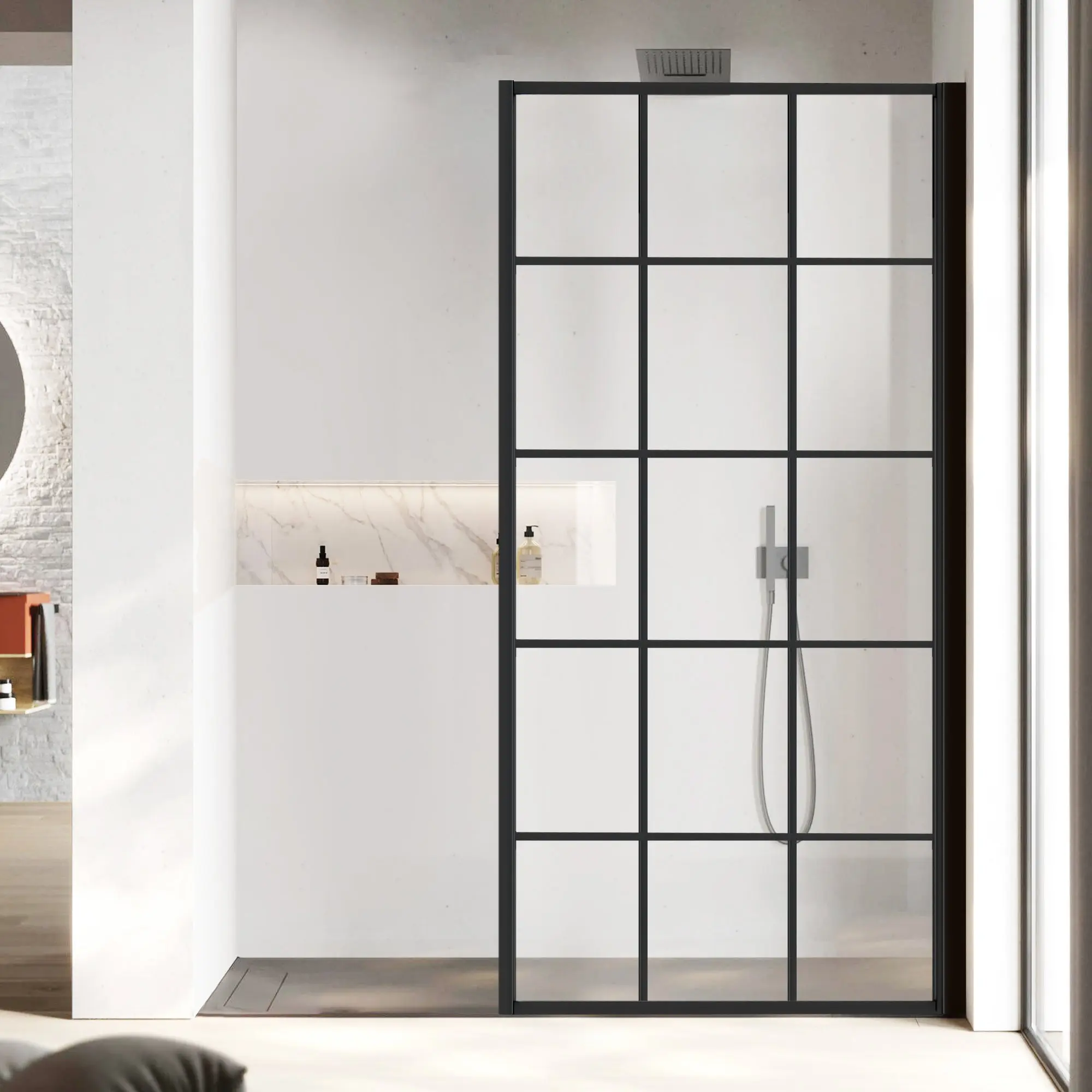 34" W x 74" H Walk-in Framed Grid Fixed Shower Panel with 5/16" (8 mm) Clear Tempered Glass, Matte Black