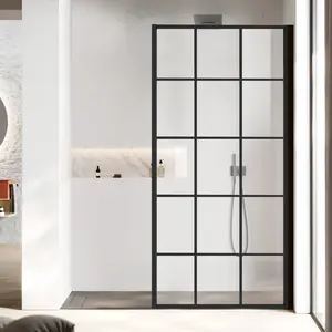 34" W x 74" H Walk-in Framed Grid Fixed Shower Panel with 5/16" (8 mm) Clear Tempered Glass, Matte Black