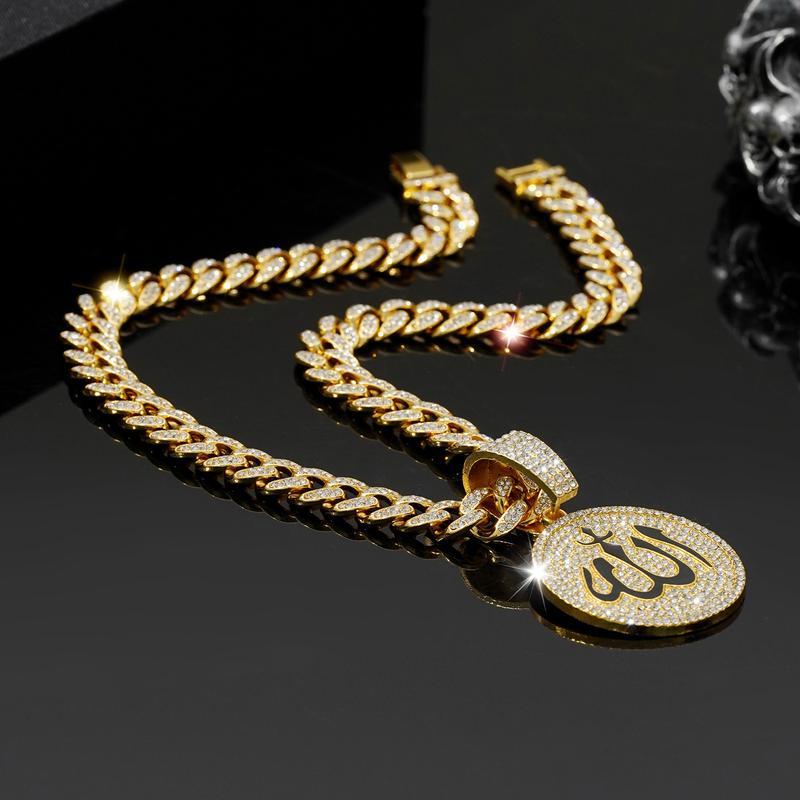 Sparkling Allah Necklace Cuban Chain with Islamic Muslim Arabic Symbol Pendant, Religious Amulet Jewellery for Daily Wear and Gift Giving
