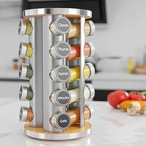 evolving Spice Rack Set with 20 Spice Jars, Kitchen Spice Tower Organizer for Countertop or Cabinet -- Carousel Storage Includes 386 Spice Labels -- Desktop Rotating Seasoning Organizer