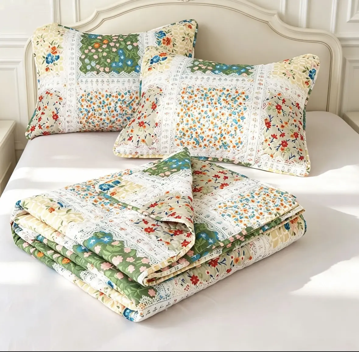 Vintage Flower Patches Floral Bedding Set - Ultra-Thin Quilt, Sweet Pastoral Style, Synthetic Breathable Fabric, High-Density Quilting for Cozy Bed Setup with Fresh Sheets