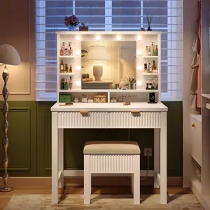 【With Stool】 Hollywood Vanity Table with Mirror, Wooden Makeup Desk 3 Color Adjustable LED Lights & Charging Station, Dressing Table with Drawers & Shelves, 31.5" Wx15.7"Dx54.3"H for Bedroom, Dressing Room, Gifts