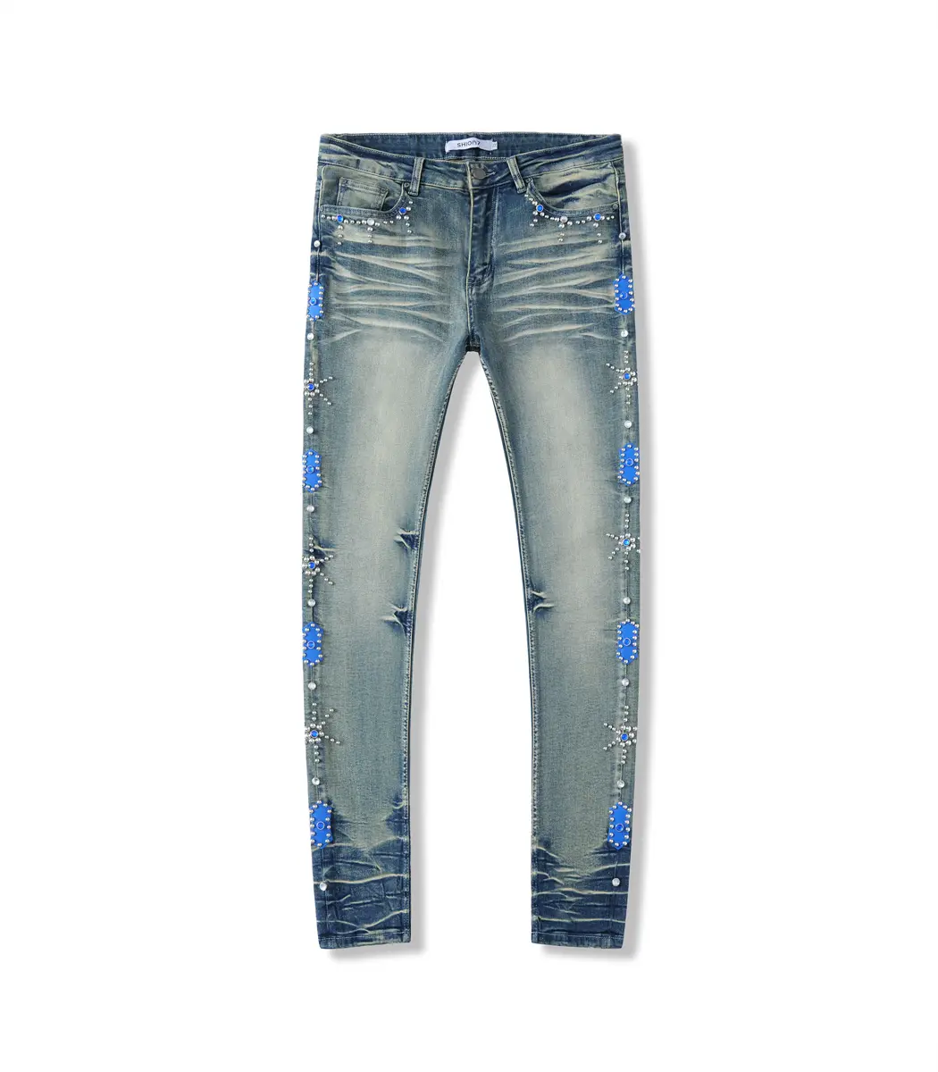 Men's Rhinestone Skinny Jeans, Vintage High Street Studded Denim Pants, Casual Fashion Menswear with Pockets, Streetwear, Aesthetic Men's Jeans, Bedazzled Sparkle Men's Jeans, Blue Fitted Men's Jeans