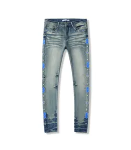 American High Street Vintage Blue Rhinestones Skinny Jeans Men, Studded Denim Pants For Trendy Guy