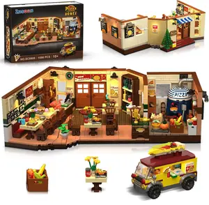 City Street Pizza Restaurant Building Set with Light, 1098PCS Pizzeria House Architecture Model with Retro Pizza Van, Home Decor Construction Building Block Gift for Adults Teens Boys Girls 12+