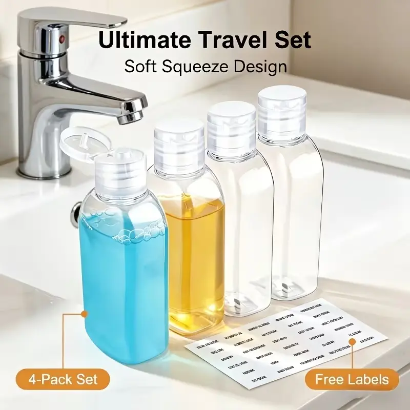 4pcs/set，3.4oz Clear Plastic Travel Separated Bottle Set Squeeze Shower Gel Shampoo Small Bottle Empty Bottle Portable Cosmetic Water Bottle- Refillable& Portable Toiletry Containers for Travel Essentials, Travel Bottles for Toiletries, Plastic Bottles