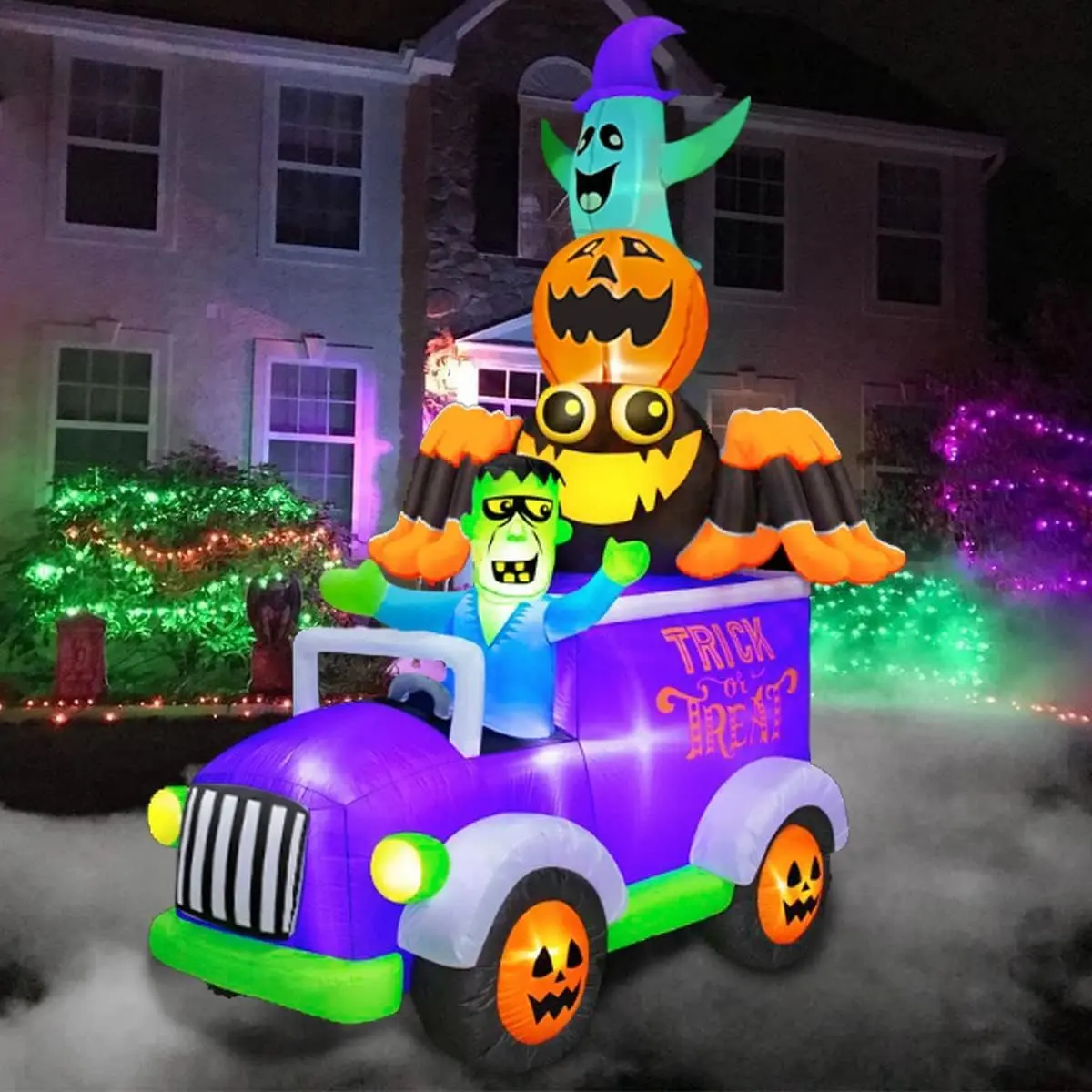 BLOWOUT FUN 8ft Halloween Inflatable Horror Frankenstein Driving A Car with Spider, Pumpkin and Ghost, LED Blow Up Lighted Decor Indoor Outdoor Holiday Art Decorationsspooky season decor, spooky yard decor, halloween yard decor, halloween gift for him and