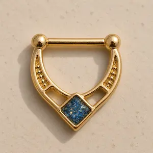 Gold Blue Rhombus Septum Clicker Ring 16G Hinged Nose Ring Epoxy Geometric Jewelry