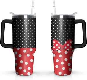Cartoon Mouse Tumbler 40 Oz With Lid and Straw Stainless Steel Insulated with Handle Wave Point Bowknot Travel Coffee Mug - Birthday,Christmas Gift