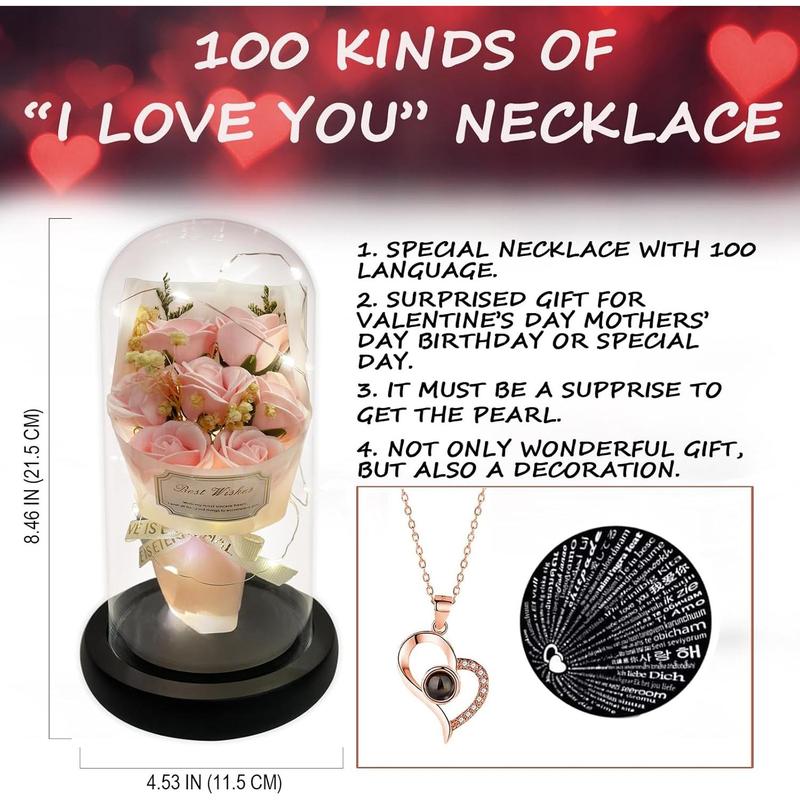 Gift for Her Forever Flower Bouquet for Delivery Prime Preserved Pink Roses Glass Dome LED Light 100 Languages I LOVE YOU Necklace Mothers Day Birthday Romantic Valentines Gift for Wife Women Mom