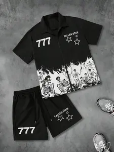 Men's Regular Fit Skeleton & Star Print Shirt & Shorts Two-Piece Set, Casual Matching Set, Street Fashion Casual Short Sleeve Collared Top & Shorts for Daily Wear, Men's Outfits for Summer