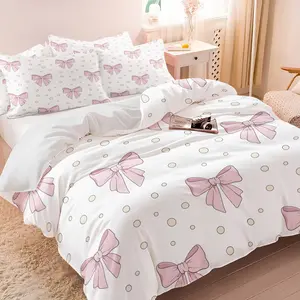 Gentle Sweet Girlish Decorative Duvet Cover Set, 1 Duvet Cover & 1-2 Pillowcases (no Pillows), White Base with Light Pink Bowknot and Beige Polka Dots, Soft Comfortable Bedding, Girls Women's Bedroom Decor Gift Choice