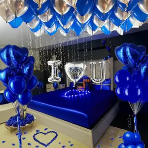 I Love You Balloon Kit for Him & Her - 56pcs Royal Blue & Silver Balloons, 18” Heart Balloons + 500 Blue Rose Petals - Romantic Valentine’s Day Party Decorations