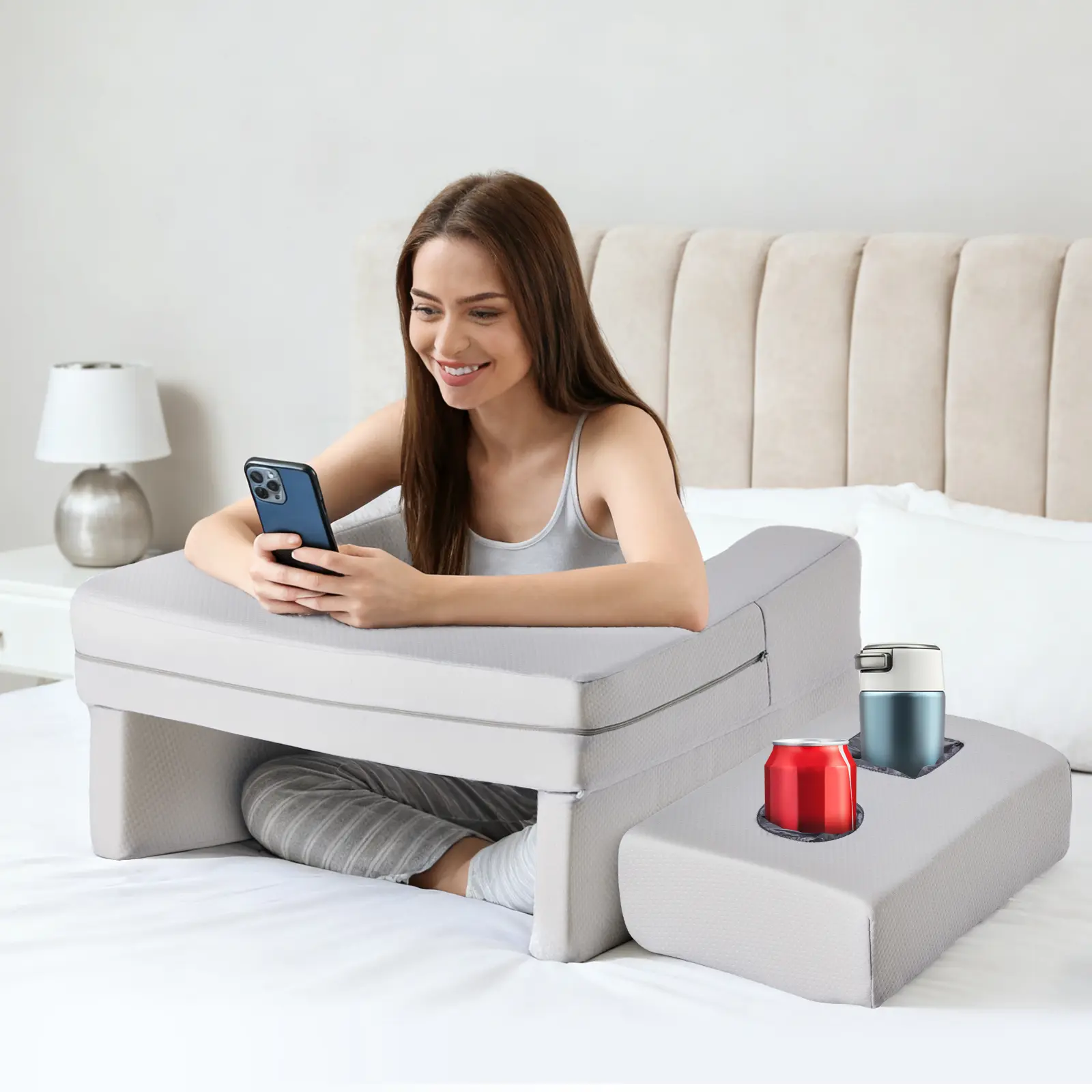 Ergonomic Reading Pillow with Armrests & Lumbar Support – Multi-Functional Bed Rest Pillow for Back, Sofa, Lap Desk – Portable Cushion for Reading, Working, Gaming (Washable Cover, Versatile Use)