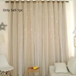1pc Hollow Star Design Double-Layered Polyester 100%Blackout Curtain, Window Drapes With Lace Sheer, Light-Blocking For Bedroom And Living Room, Princess Style Curtain Suitable For Festivals, Window Decorations Supplies