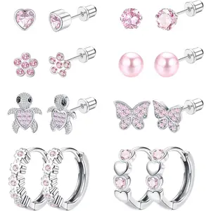 THUNARAZ 8 Pairs 316L Stainless Steel Cute Heart Hoop Earrings for Women Hypoallergenic Screwback Earrings Studs 20G Unique Hypocallergenic CZ Butterfly Turtle Screw Back Stud Earrings for Daily Outings Happy Parties Christmas Gift