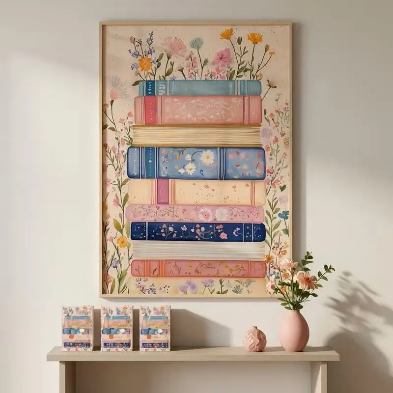Poster Wall Painting Print - Floral and Book Decoration for Living Room, Bedroom or Classroom, Perfect Come-In Gift, Book Lover Home Decor, Vivid Color Book Artwork