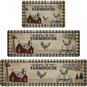 3 count Farmhouse Kitchen Rug Set, Retro Rooster Barn Windmill Buffalo Plaid Kitchen Mats,  Anti  Non Slip Washable PVC Floor Mats for Kitchen Sink, Country Rustic  Decor