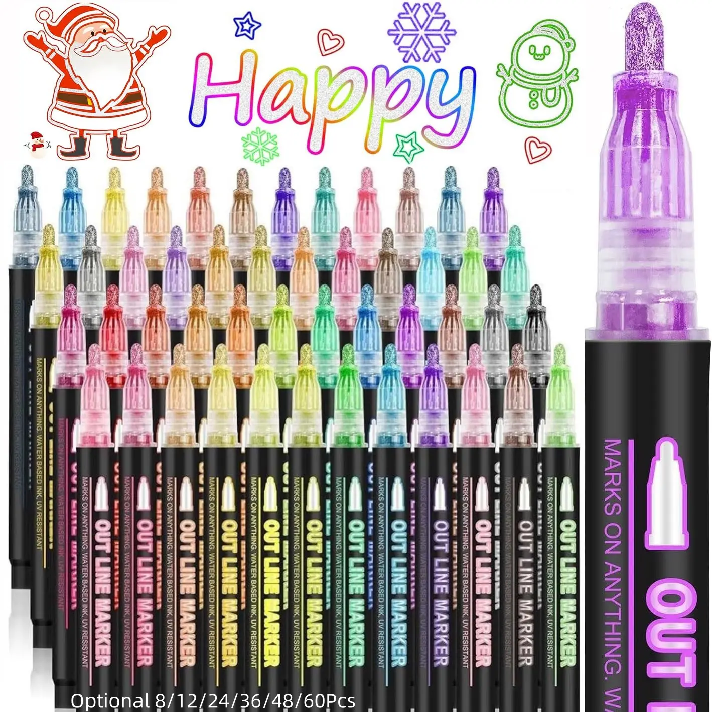 Double Line Outline Marker Pen Set, 8/12/24/36/48 Colors Self Outline Metallic Marker Pen Set, Glitter Writing Drawing Pens for Birthday Greeting Card, Metallic Sparkle Pen