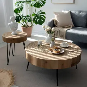 COZAYH 2-Piece Modern Farmhouse Living Room Coffee Table Set, Nesting Coffee Table Round Natural Wood Finish
