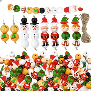 Suzile 150 Pcs Christmas Wood Beads with Twine Xmas Santa Gingerbread Man Snowman Elf Wooden Bead Farmhouse Rustic Round Wooden Beads for Crafts DIY Christmas Winter Party Supplies Decor Ornaments