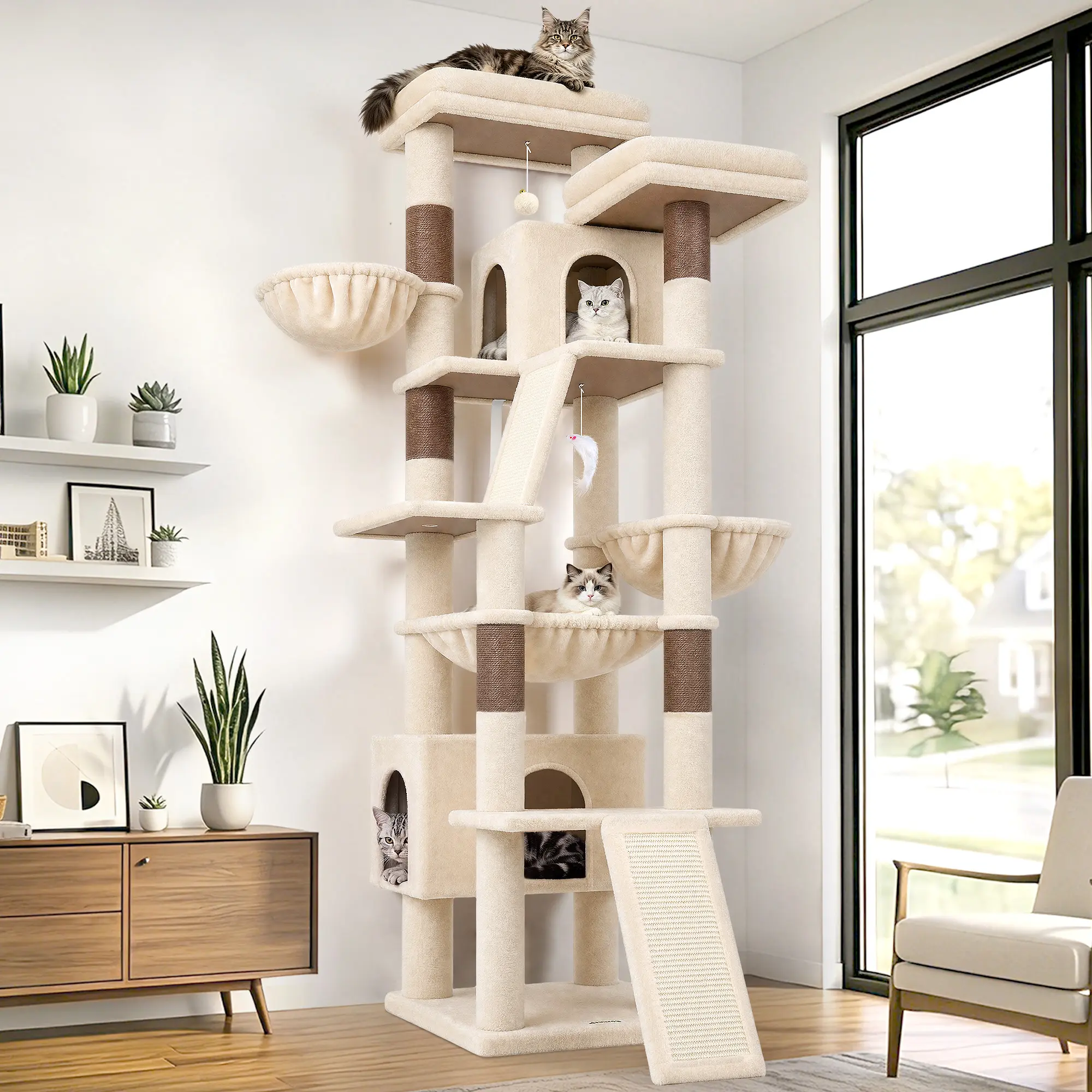 DESKAT 75 Inch Cat Tree for Large Cats, Multi-Level Tall Cat Tower for 2-3 Indoor Cats with 2 Condos, 2 Hammocks, 3 Perches and Scratching Board, F75D, Dark Grey