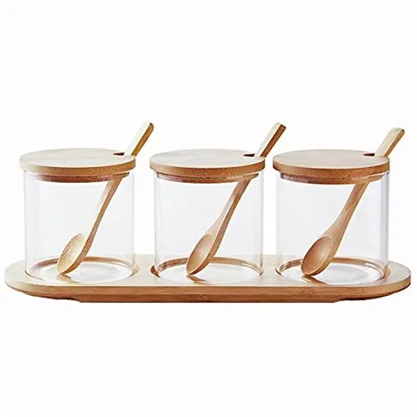 Seasoning Box，Condiment Pots，Glass Condiments Container Condiment Jars with Spoons Container