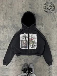 Men's Vintage Jesus Letter Print Hoodie Sweatshirts, Casual Loose-Fit Cotton Zipper Jacket, Unique Religious Fashion for All Seasons